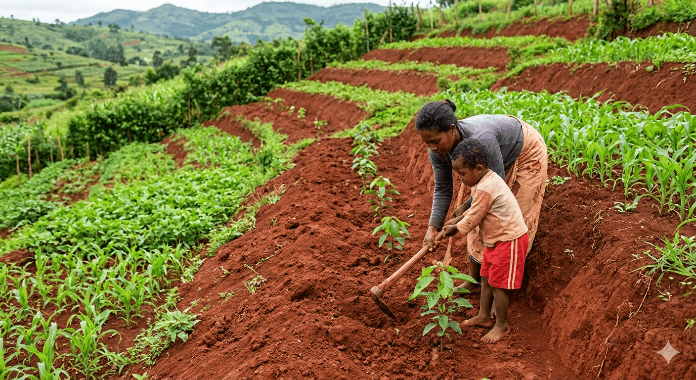 Agricultrice et enfant au travail sur les terrasses
